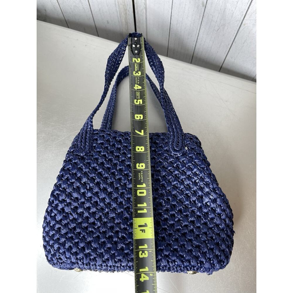 Vintage 70’s Shoulder Bag Navy Straw Top Handle Handbag Kisslock Interior - Picture 6 of 7